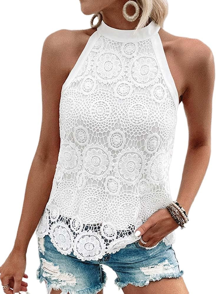 Halter Tops for Women Spring Summer Crochet Lace Hollow Out Sleeveless High Neck Boho Beach Tank ... | Amazon (US)