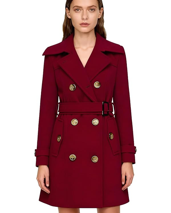 ForeMode Women Swing Double Breasted Wool Pea Coat with Belt Buckle Spring Mid-Long Long Sleeve L... | Amazon (US)