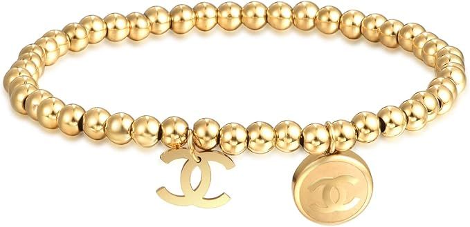 Amazon.com: 18K Gold Beaded Bracelets for Women Stainless Steel Stackable Elastic Stretch Gold Br... | Amazon (US)