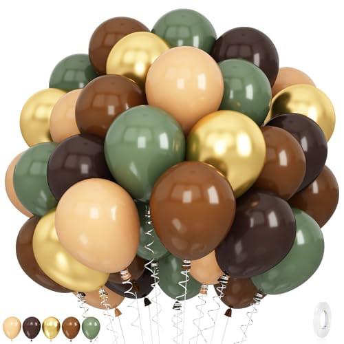 60 PCS Sage Green Brown Balloons Woodland Camo Army Balloon Olive Green Dark Brown Coffee Nude Gold Latex Balloons for Jungle Safari Wild One Hunting Dinosaur Birthday Baby Shower Party Decorations | Amazon (US)