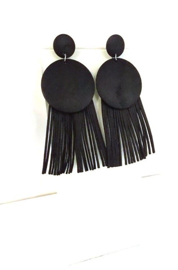 Over-sized Black Wooden and Fringed Statement Earrings | Etsy (US)