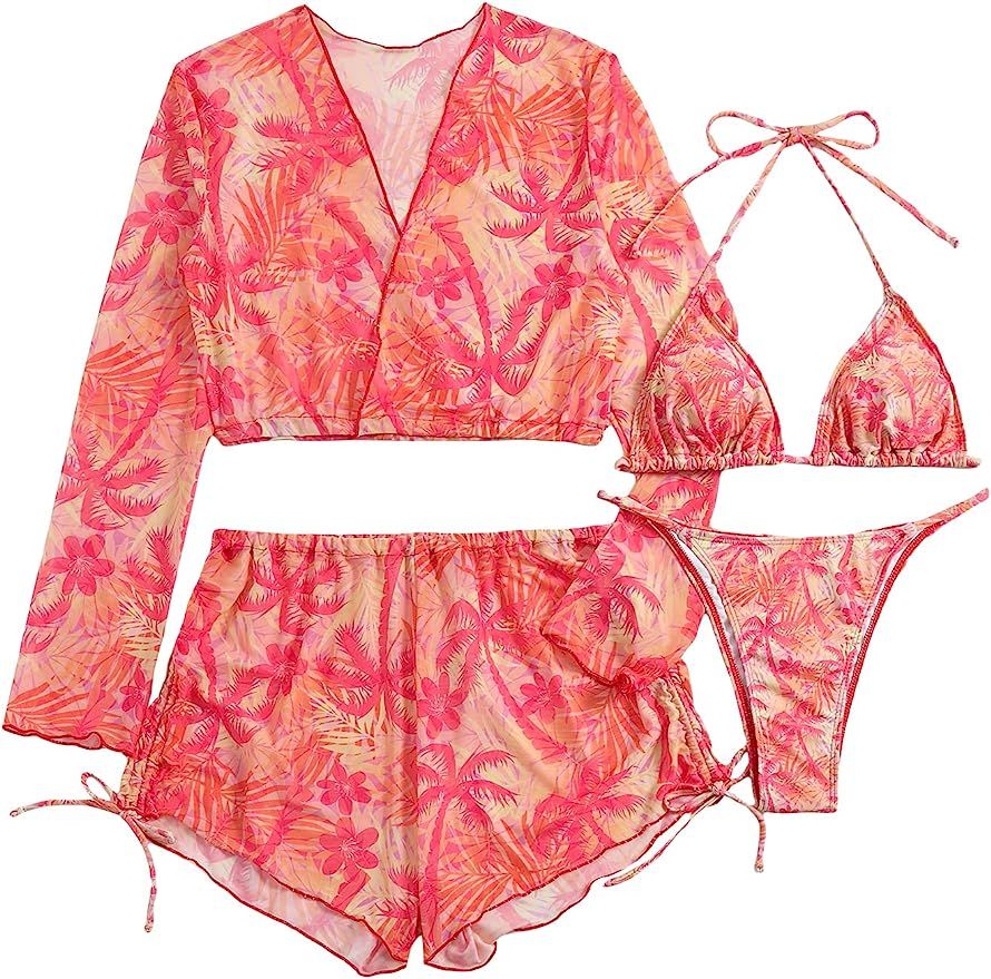 GORGLITTER Women's Tropical Print Bikini Set 4 Piece Swimsuit Triangle String Bathing Suit with C... | Amazon (US)