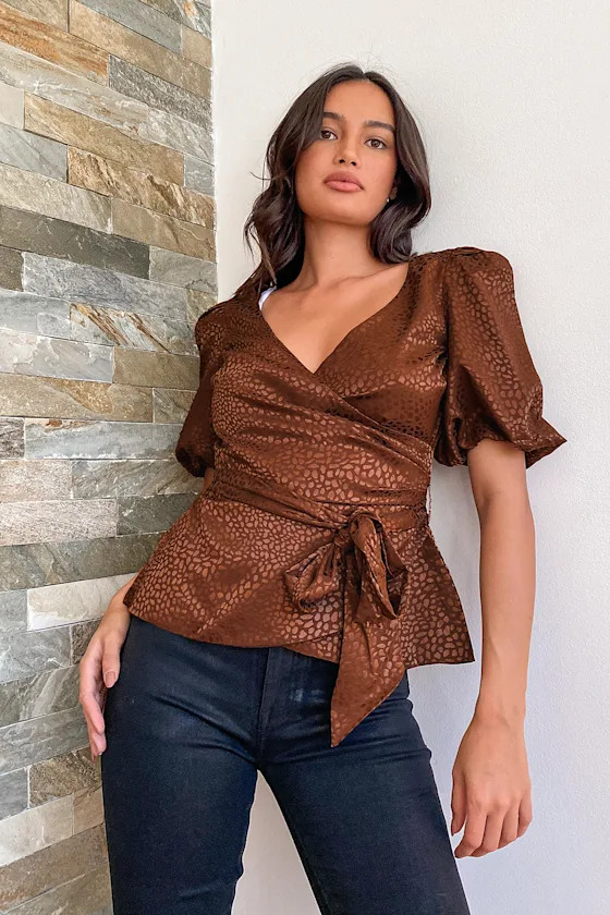 Best Impressions Brown Leopard Print Satin Puff Sleeve Top | Lulus (US)