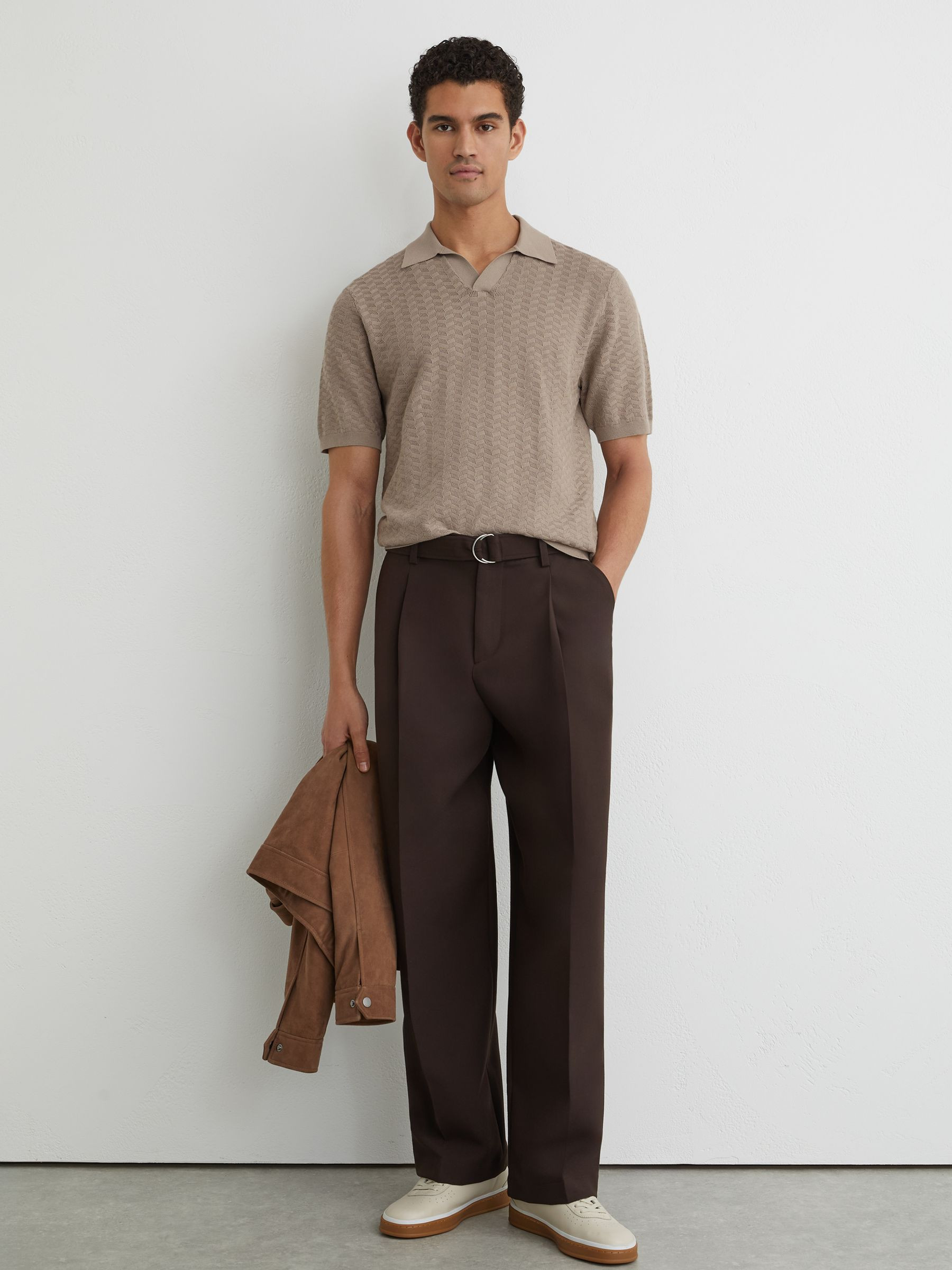 Textured-Knit Open-Collar Polo Shirt in Taupe Brown | Reiss US