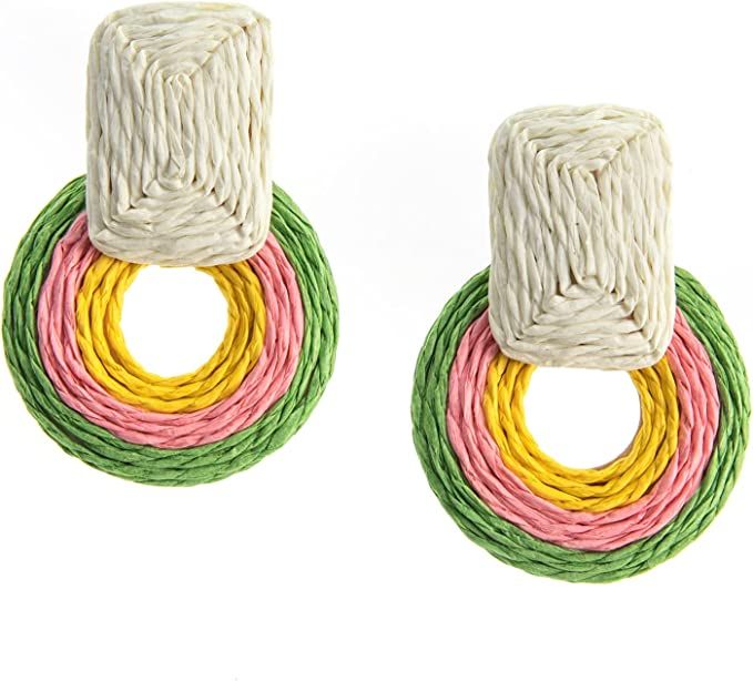 Statement Raffia Round Earrings - Boho Drop Handmade Straw Earrings - Geometric Dangle Earrings f... | Amazon (US)