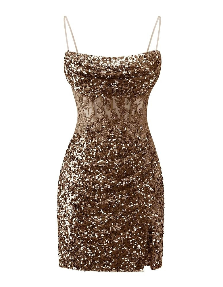 Zeeyecie Lace Applique Sequin Homecoming Dresses 2025 Spaghetti Straps Beaded Ruched Sparkly Shor... | Amazon (US)