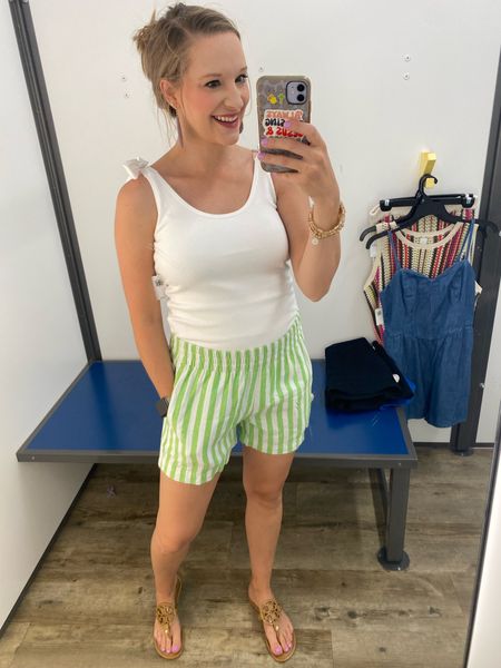 Old Navy style! Linen striped shorts paired with white bodysuit!! 
