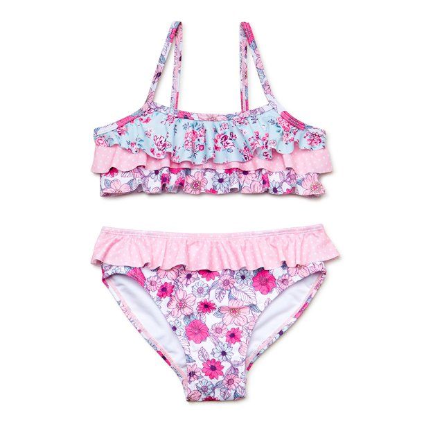 Wallflower Girls Floral Tiered Ruffle Bikini Swimsuit with UPF 50, 2-Piece, Sizes 4-16 | Walmart (US)