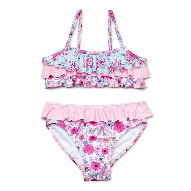 Wallflower Girls Floral Tiered Ruffle Bikini Swimsuit with UPF 50, 2-Piece, Sizes 4-16 | Walmart (US)