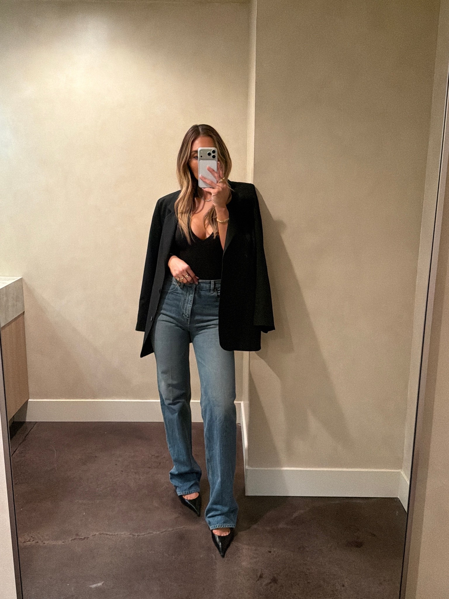 Blazer: M 
Bodysuit: M 
Denim: 30 
Heels: 40