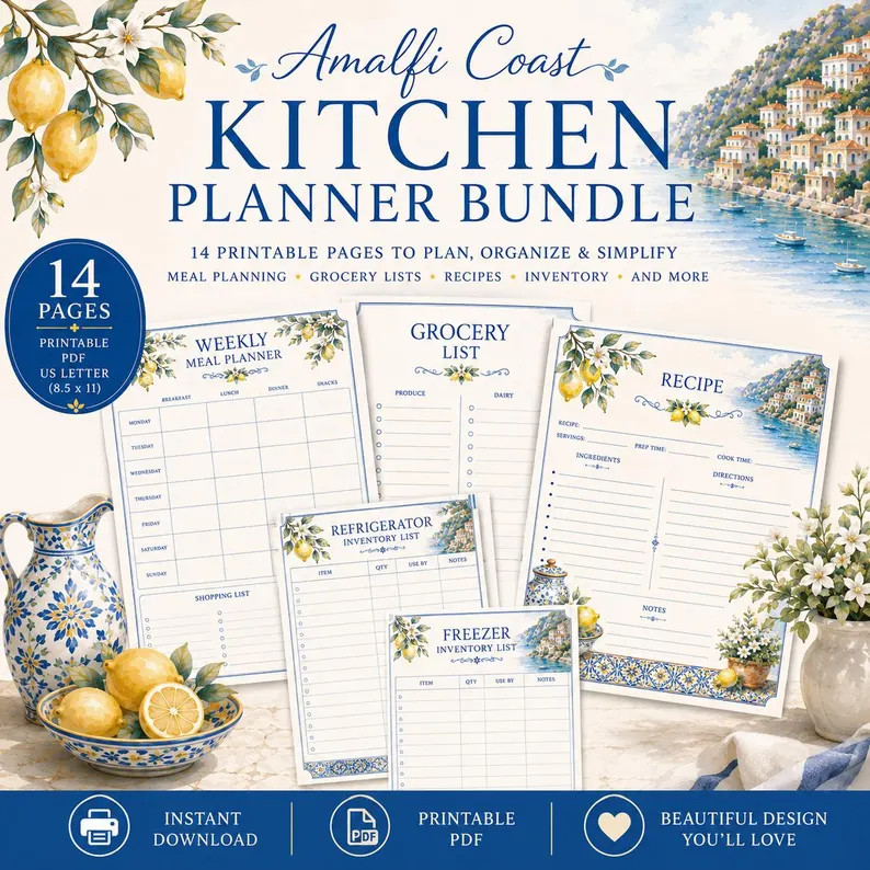 Amalfi Kitchen Planner Printable PDF | Meal Planner, Recipe Cards, Pantry Inventory, Grocery List... | Etsy (Global)