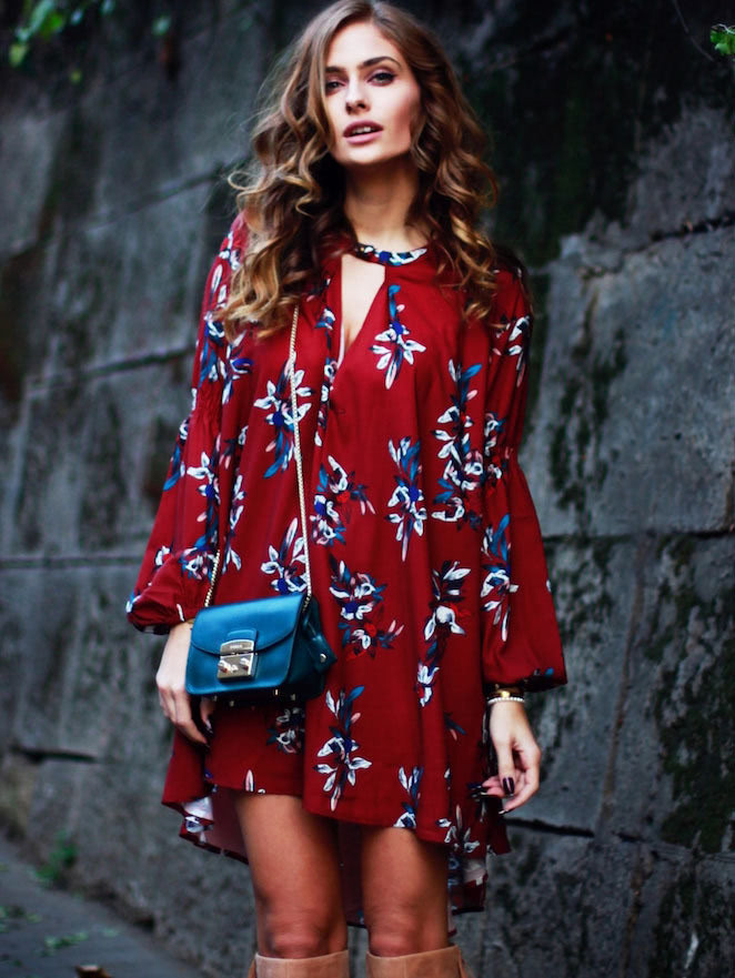 Oxblood Baggy Long Sleeve Floral Flowery Dress | SHEIN