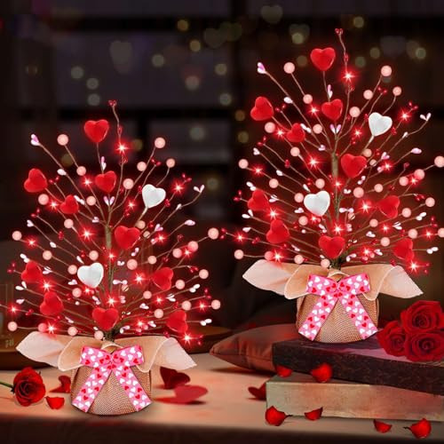 Valentines Day Decorations,2 Pack Lighted Valentine's Day Tree Tabletop with 20 Red Lights Battery Operated 16 Inch 12 Heart 48 Pink Berries Artificial Tree Valentine's Day Decor Home Party Wedding | Amazon (US)