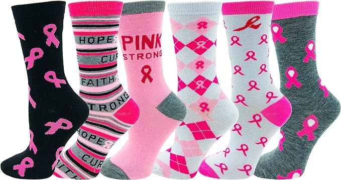 6 Pairs Womens Breast Cancer Awareness Socks, Pink Ribbon Soft Sport Sock Bulk Pack | Amazon (US)