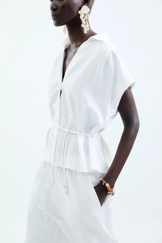 LINEN BLEND BELTED BLOUSE | Zara UK