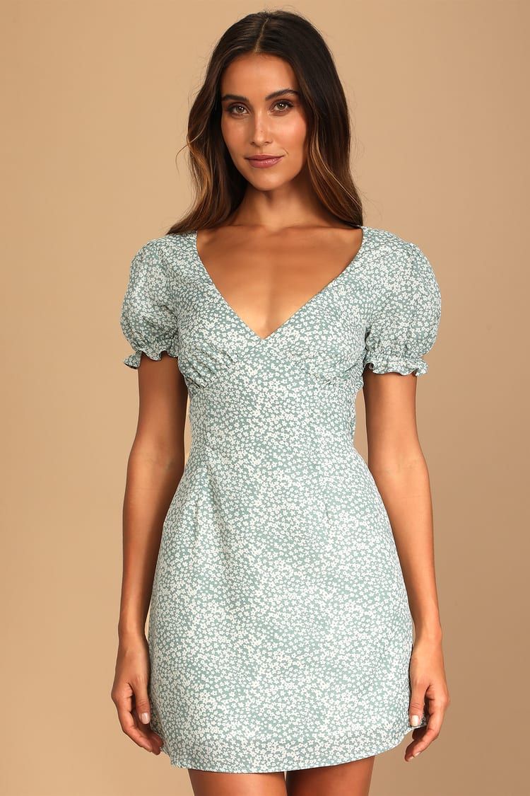 Totally Perfect Sage Blue Floral Print Tie-Back Mini Dress | Lulus (US)