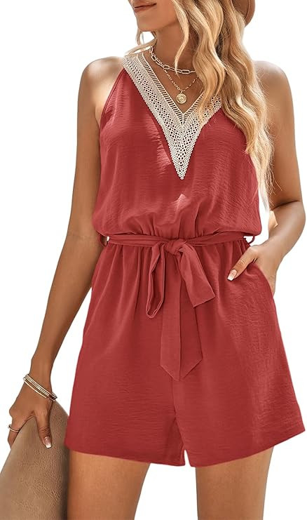 PRETTYGARDEN Women's Summer Sexy V Neck Romper 2023 Fashion Sleeveless Casual Waist Tie Short Jum... | Amazon (US)