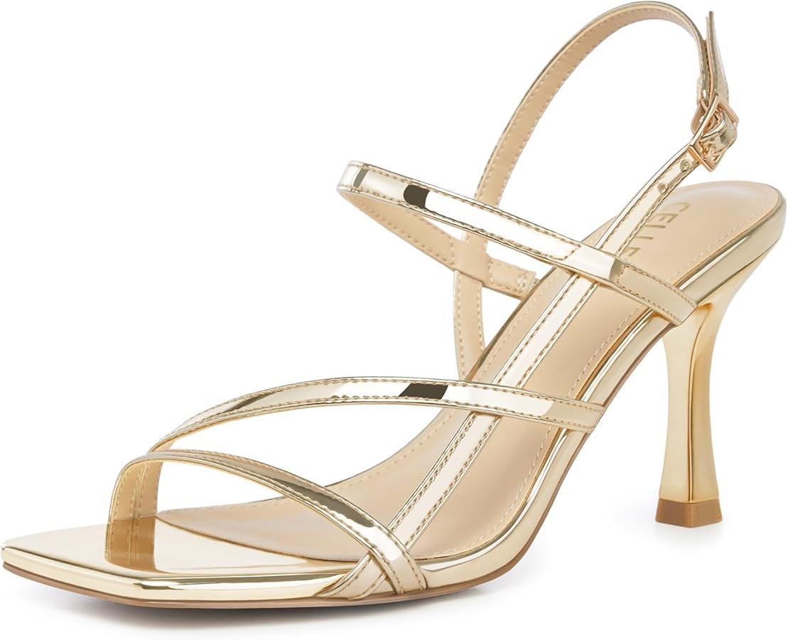 Women Strappy High Heels: Square Open Toe Slingback Sandals, Dressy Sexy Comfortable Kitten Heele... | Amazon (US)