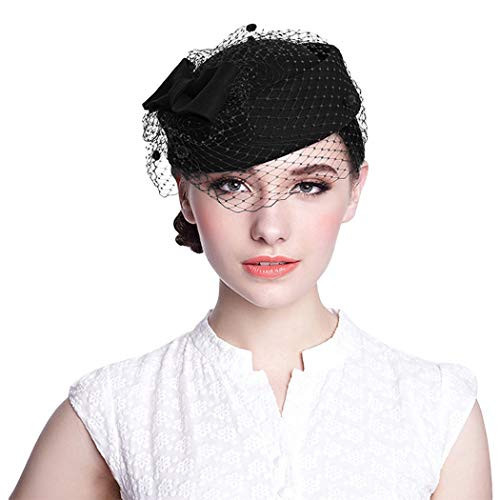 Aniwon Pillbox Hat, Wedding Hat Caps with Veil Vintage Bow Fascinator Hats Caps for Women A Black | Amazon (US)
