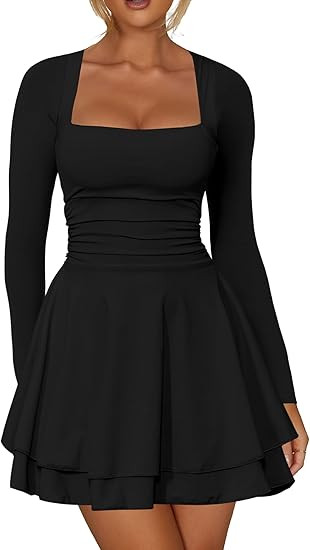 Kaximil Women's Square Neck Ruffle Hem Mini Dress Ruched Waist Long Sleeve Corset Short Party Dre... | Amazon (US)