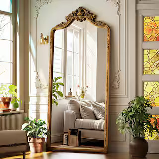 XRAMFY Antique Gold 32 in. W x 71 in. H Arched PU Frame with Ornate Carved Decoration Full Length... | The Home Depot