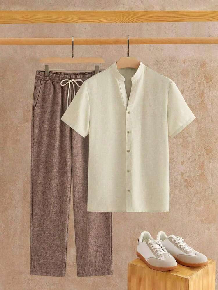 HIMLAND 2pcs/Set Men's Linen Blend Regular Fit Turndown Collar Short Sleeve Casual Shirt Set | SHEIN