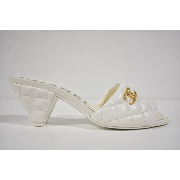 Chanel REV White Lambskin Quilted CC Gold Logo Cone Heel Mule Slide Sandal 38.5 | Poshmark
