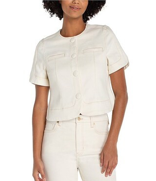 Stretch Denim Round Collar Short Sleeve Cropped Coordinating Jacket | Dillard's