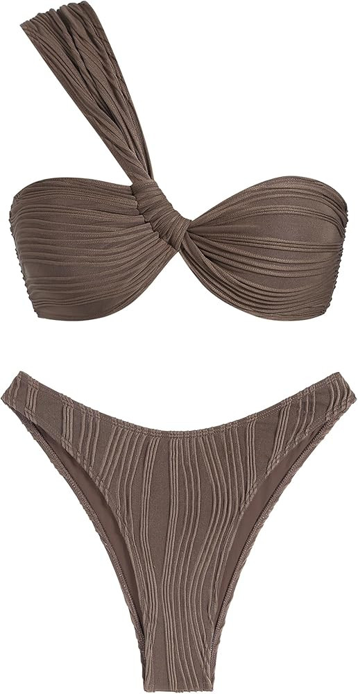 ZAFUL Women's One Shoulder Bikini Twisted Ruched High Cut Bandeau Bikini Set Two Piece Swimsuit | Amazon (US)