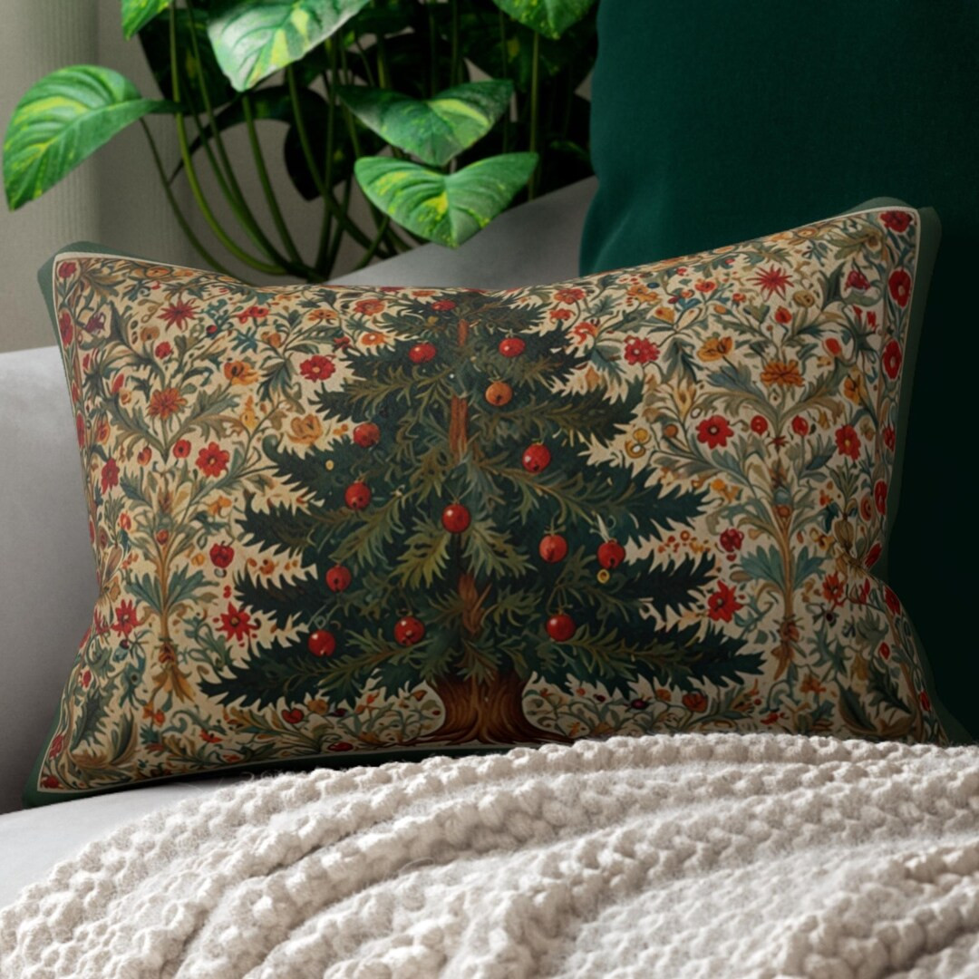 William Morris Inspired Christmas Tree Lumbar Pillow festive Throw Pillow, Holiday Accent Pillow,... | Etsy (US)