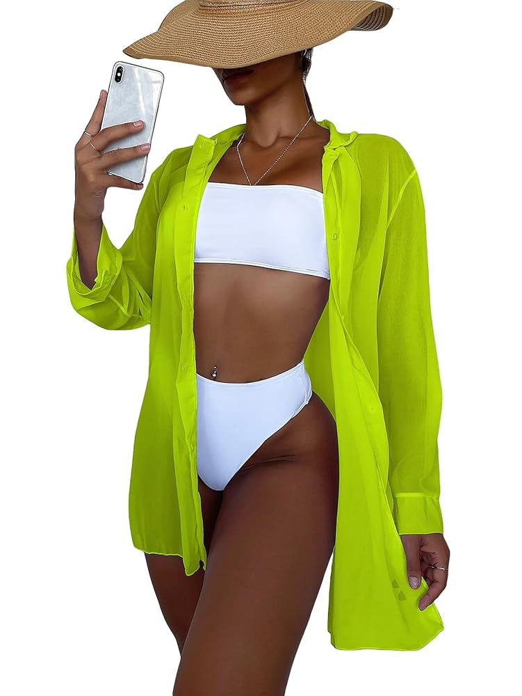 SHENHE Women's Sheer Button Up Long Sleeve Beach Kimono Cover Up Shirt Sun Dresses | Amazon (US)