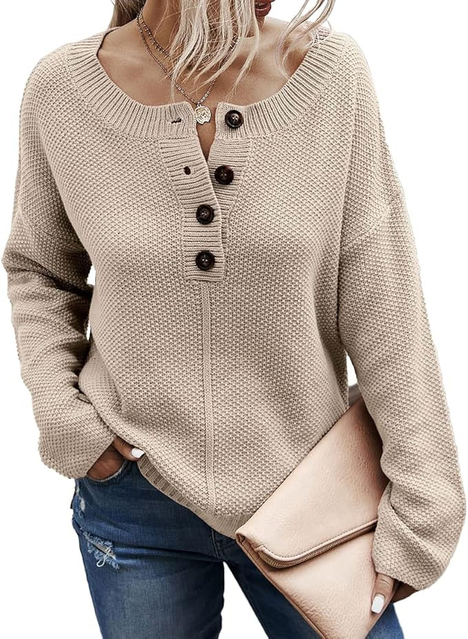 XIONGMEI Womens Long Sleeve V Neck Casual Sweaters with Buttons Fall Pullover Oversized Winter Kn... | Amazon (US)