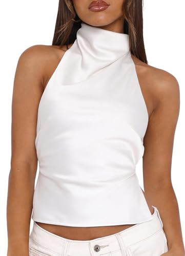 LCNBA Women's Cute Halter High Mock Neck Crop Tops Tie Backless Summer Cami Tops White Small | Amazon (US)