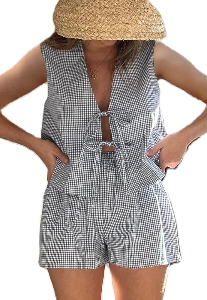 Women 2 Piece Gingham Lounge Sets Y2k Tie Front Vest Top Plaid Boxer Shorts Matching Pj 2pcs Paja... | Amazon (US)