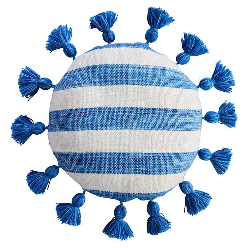 Blue Stripe Woven Round Outdoor Throw Pillow with Tassels, 16" | At Home