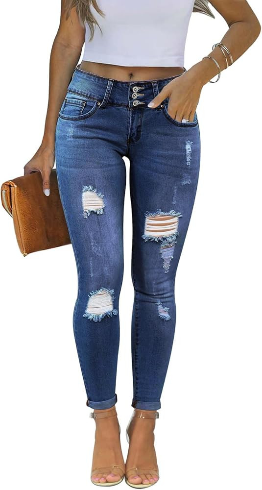 KUNMI Women's Skinny Ripped Trendy Jeans Distressed Stretchy Denim Pants | Amazon (US)