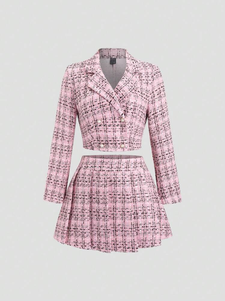 Sweetra Women Elegant Plaid Short Jacket And Ruffle Hem Mini Skirt 2 Pieces Set, Autumn Fall Cloth For Women | SHEIN