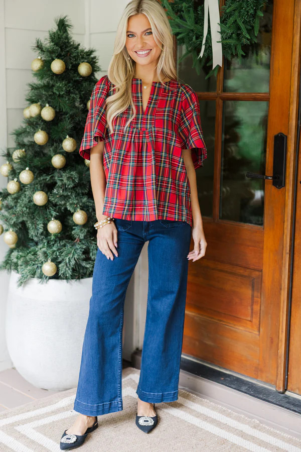 Just A Theory Red Tartan Plaid Blouse | The Mint Julep Boutique