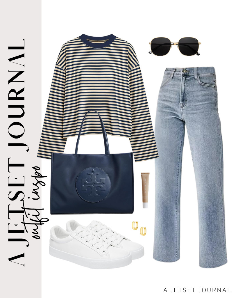 This yellow KOSUSANILL striped long-sleeve shirt goes well with these KDF straight-leg jeans and makes a perfect addition to your daily outfits. These tennis shoes from SERNIAL and the Tory Burch Ella tote are a great way to style this outfit. Finish this look with SOJOS sunnies. 

 #LTKSeasonal #LTKSaleAlert #LTKTravel