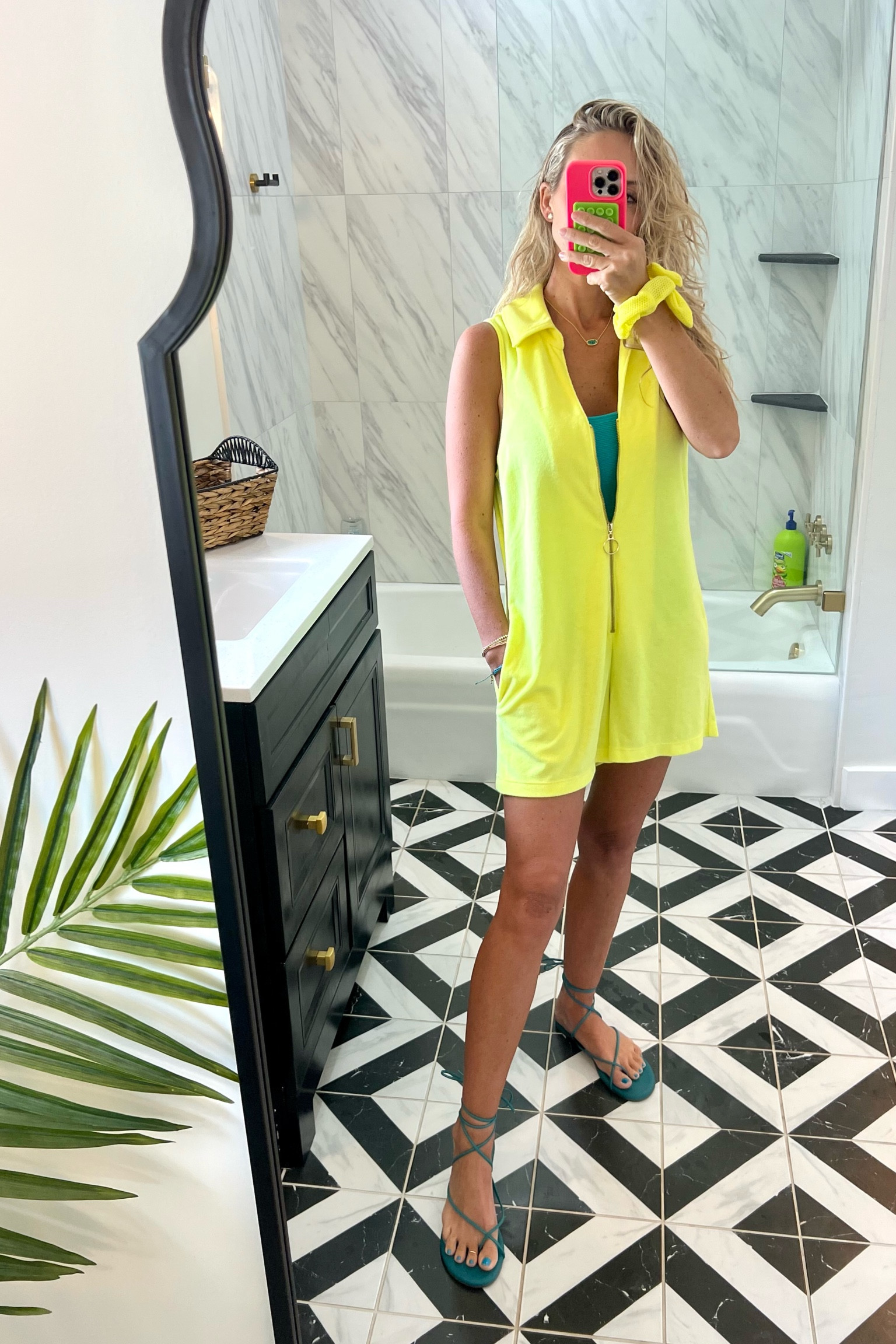 Terry cloth romper is on sale in this color. Boat day. Florida. Neon yellow. Teal lace up sandals  

#LTKSaleAlert #LTKFallSale #LTKFindsUnder50