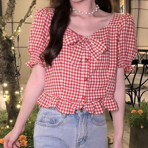 Malrowe - Short-Sleeve V-Neck Plaid Blouse | YesStyle Global