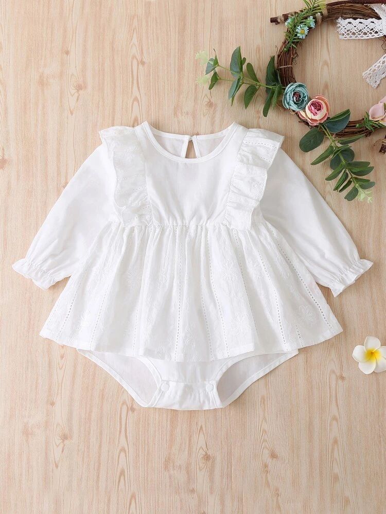 Baby Girl Eyelet Embroidery Ruffle Combo Bodysuit Dress | SHEIN