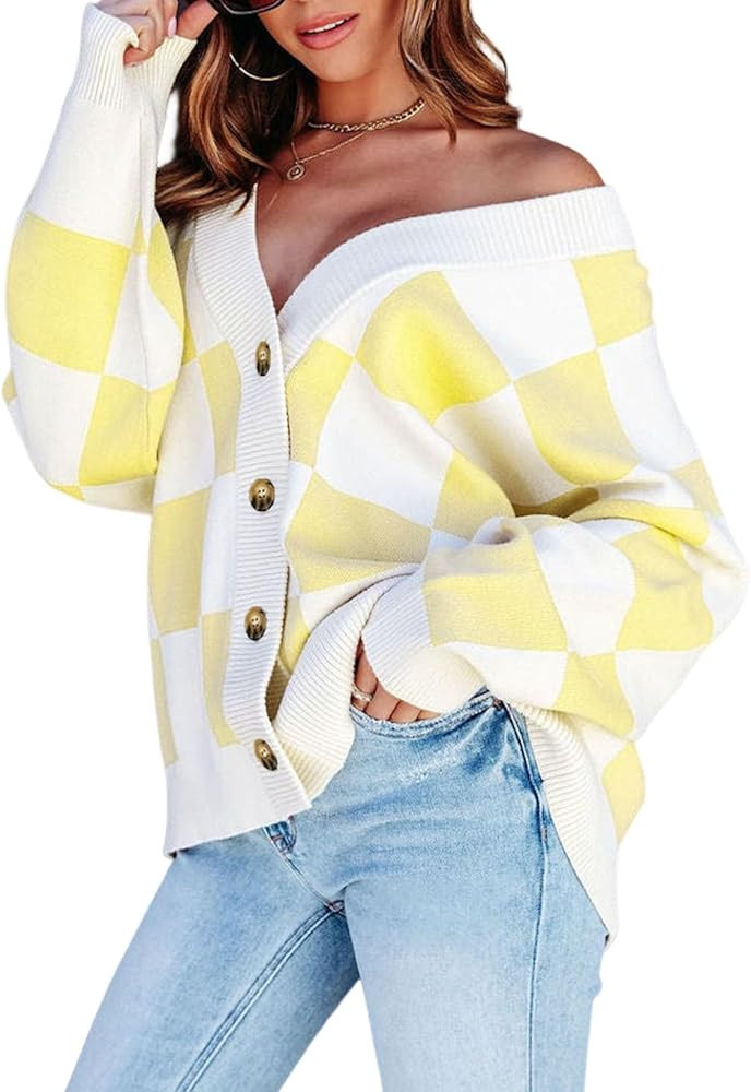 Dokotoo Womens Plaid V Neck Button Down Long Sleeve Cable Knit Oversized Cardigan Sweaters Tops | Amazon (US)