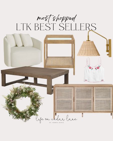 Best sellers in home decor plus my jcrew tank top find! Featuring white swivel chair, wreath, rattan wall sconce, wood coffee table, side table, and tv console!

#LTKstyletip #LTKhome