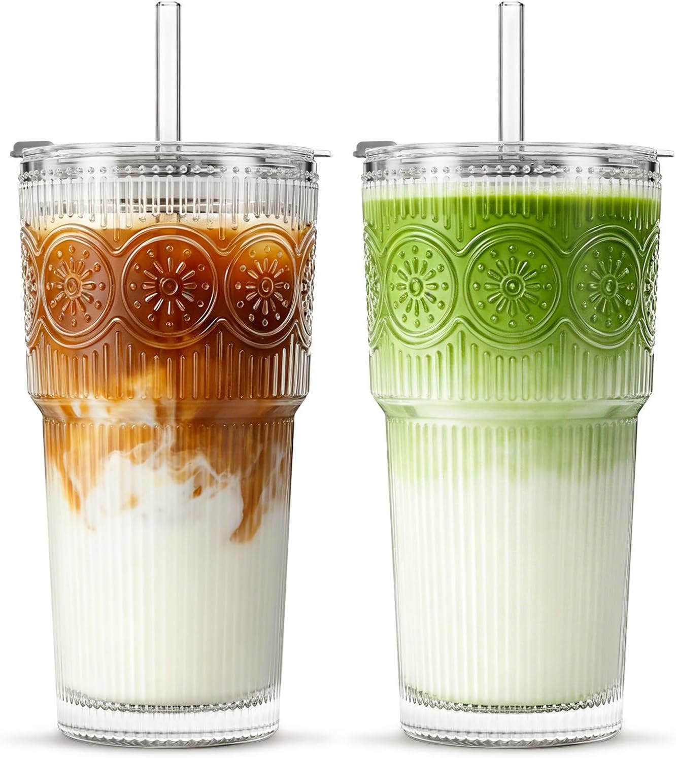 INSETLAN 20oz Ribbed & Floral Glass Tumblers with Lids and Glass Straws, Set of 2 – Iced Coffee... | Amazon (CA)