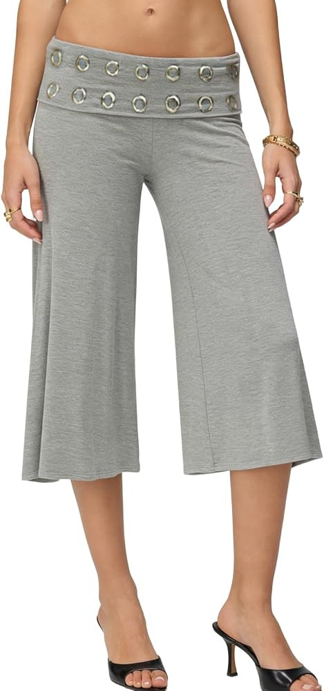 Yiulangde Womens Fold Over Gaucho Pants Culottes Low Rise Capris Foldover Flowy Going Out Flare B... | Amazon (US)