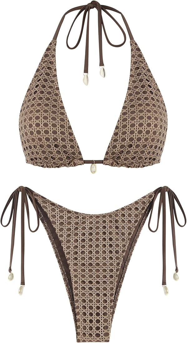 ZAFUL Women's Triangle Bikini Multiway Fishnet Tie Side Bandeau Halter String Bikini Set Two Piec... | Amazon (US)