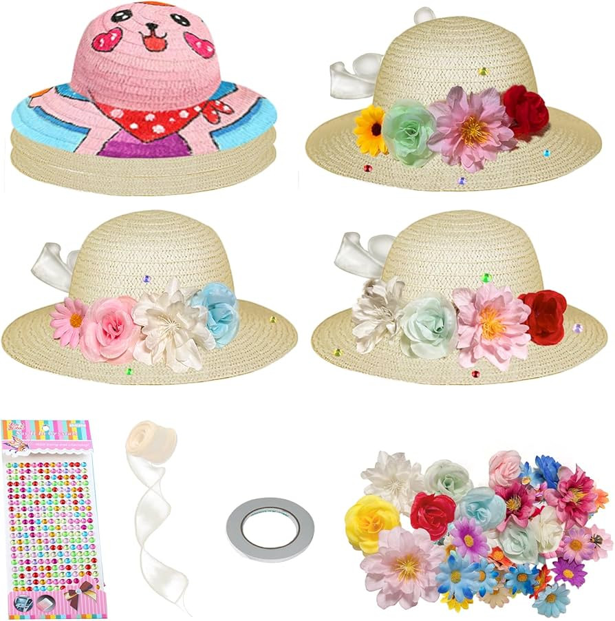 Cinrobiye 12 Set DIY Tea Party Hats for Girls Straw Hat with Artificial Flowers Home School Creat... | Amazon (US)