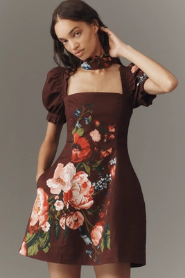 Maeve Puff-Sleeve Square-Neck Floral Mini Dress | Anthropologie (US)