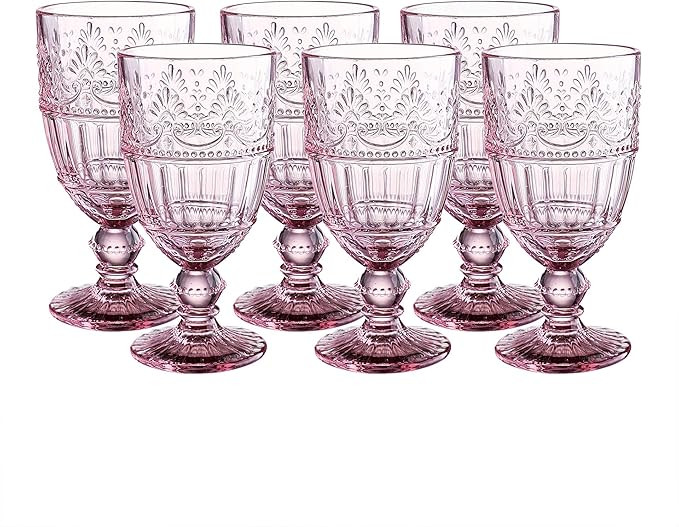 Colored Glass Goblet 11.5 oz Embossed Design Wedding Glass Set of 6 (Pink) | Amazon (US)